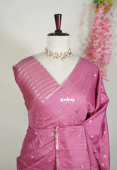 Mauve Onion Pink - Jute Tussar Silk Saree with Stripes Texture and Tissue Blouse - Best for Office Wear | Casual Wear