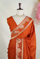 Rust Orange - Vadhanam - Jute Tussar Silk Saree Small Thilagam Buttas with Tissue Weaving Kolam Border - Perfect for Diwali Festive