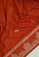 Rust Orange - Vadhanam - Jute Tussar Silk Saree Small Thilagam Buttas with Tissue Weaving Kolam Border - Perfect for Diwali Festive