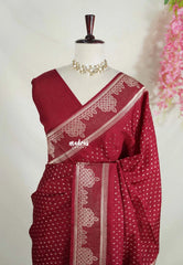 Crimson Maroon - Vadhanam - Jute Tussar Silk Saree Small Thilagam Buttas with Tissue Weaving Kolam Border - Perfect for Diwali Festive