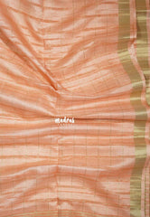 Creamy Peach Orange - Jute Tussar Silk Saree Checks Body Stripes Texture - Best for Small Functions