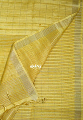 Creamy Golden Yellow - Jute Tussar Silk Saree Checks Body Stripes Texture - Best for Small Functions