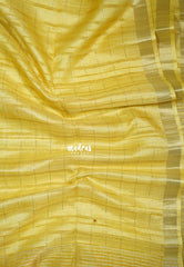Creamy Golden Yellow - Jute Tussar Silk Saree Checks Body Stripes Texture - Best for Small Functions