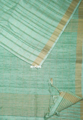 Creamy Turquoise Green - Jute Tussar Silk Saree Checks Body Stripes Texture - Best for Small Functions