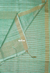Creamy Turquoise Green - Jute Tussar Silk Saree Checks Body Stripes Texture - Best for Small Functions