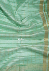 Creamy Turquoise Green - Jute Tussar Silk Saree Checks Body Stripes Texture - Best for Small Functions