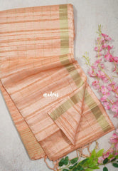 Creamy Peach Orange - Jute Tussar Silk Saree Checks Body Stripes Texture - Best for Small Functions