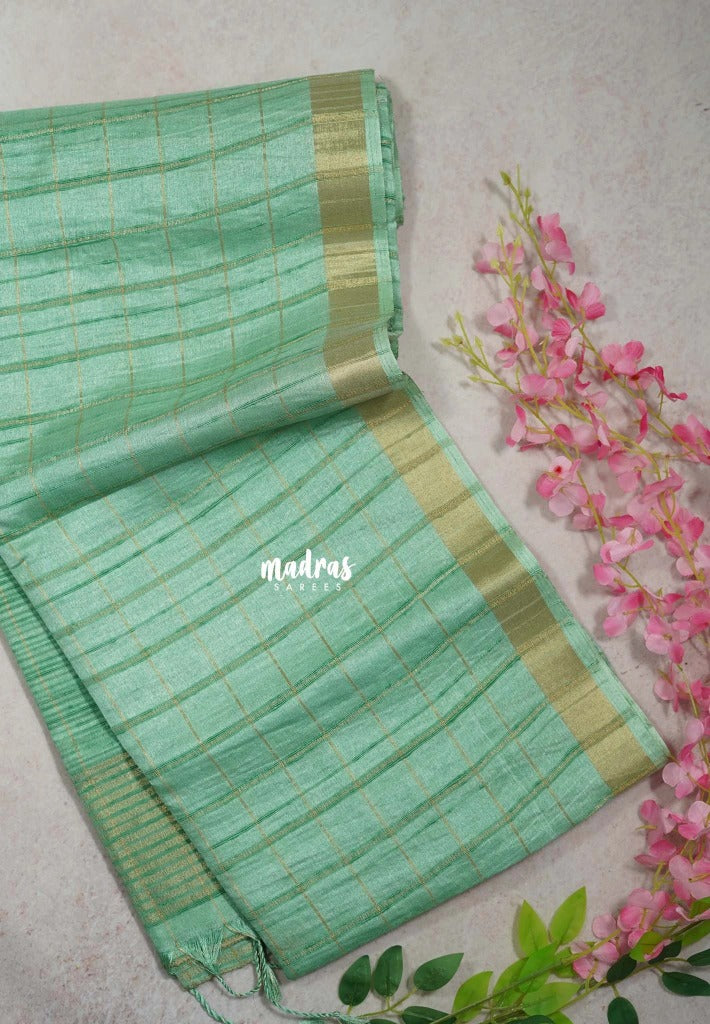 Creamy Turquoise Green - Jute Tussar Silk Saree Checks Body Stripes Texture - Best for Small Functions