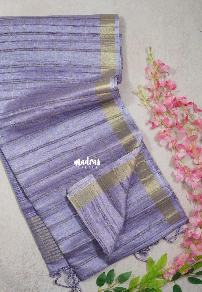 Creamy Lilac - Jute Tussar Silk Saree Checks Body Stripes Texture - Best for Small Functions