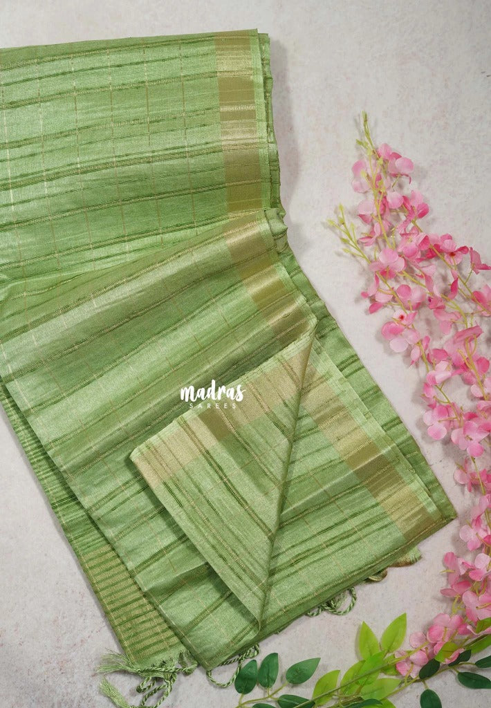 Pista Green - Jute Tussar Silk Saree Checks Body Stripes Texture - Best for Small Functions