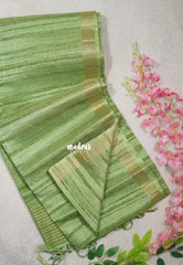 Pista Green - Jute Tussar Silk Saree Checks Body Stripes Texture - Best for Small Functions