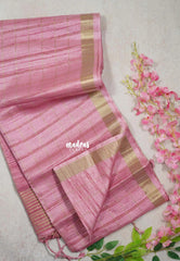Pink Blossom - Jute Tussar Silk Saree Checks Body Stripes Texture - Best for Small Functions