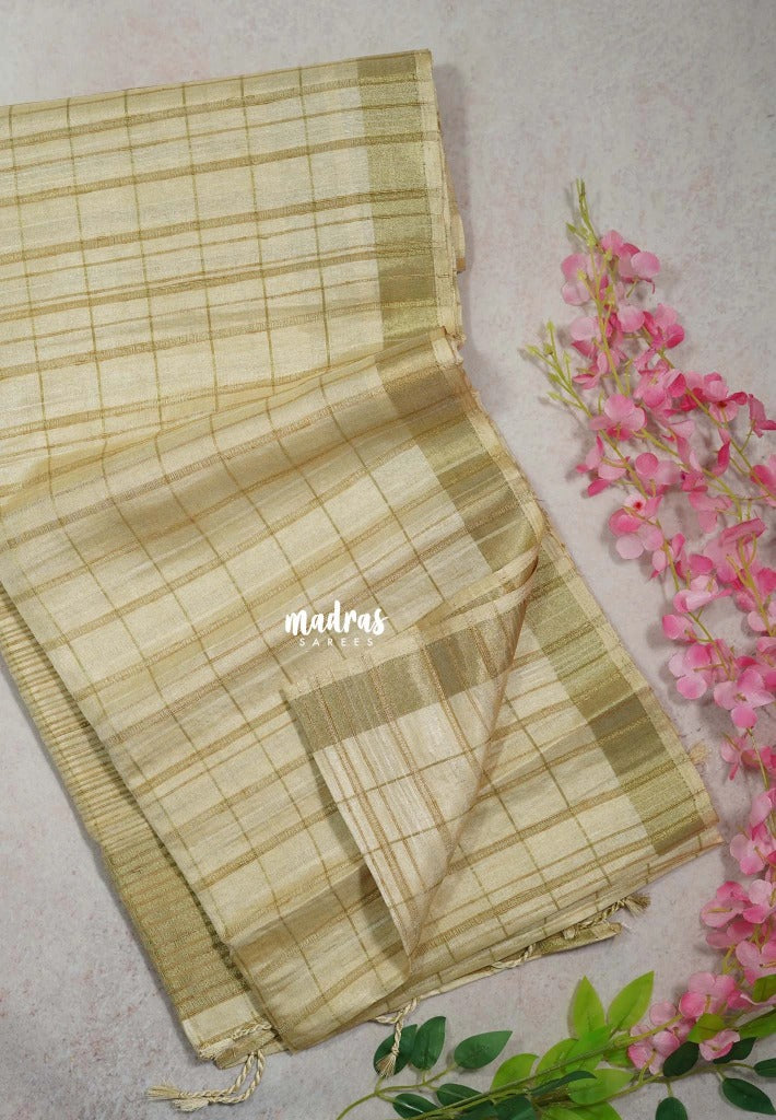Creamy Ivory Beige - Jute Tussar Silk Saree Checks Body Stripes Texture - Best for Small Functions