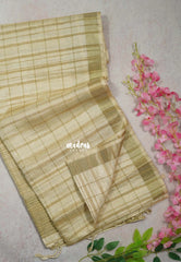 Creamy Ivory Beige - Jute Tussar Silk Saree Checks Body Stripes Texture - Best for Small Functions