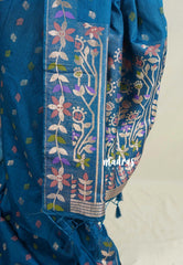Peacock Blue - Vadhanam - Jute Tussar Silk Saree Colorful Flower Weaving Border with Leaf Buttas - Perfect for Diwali Festive