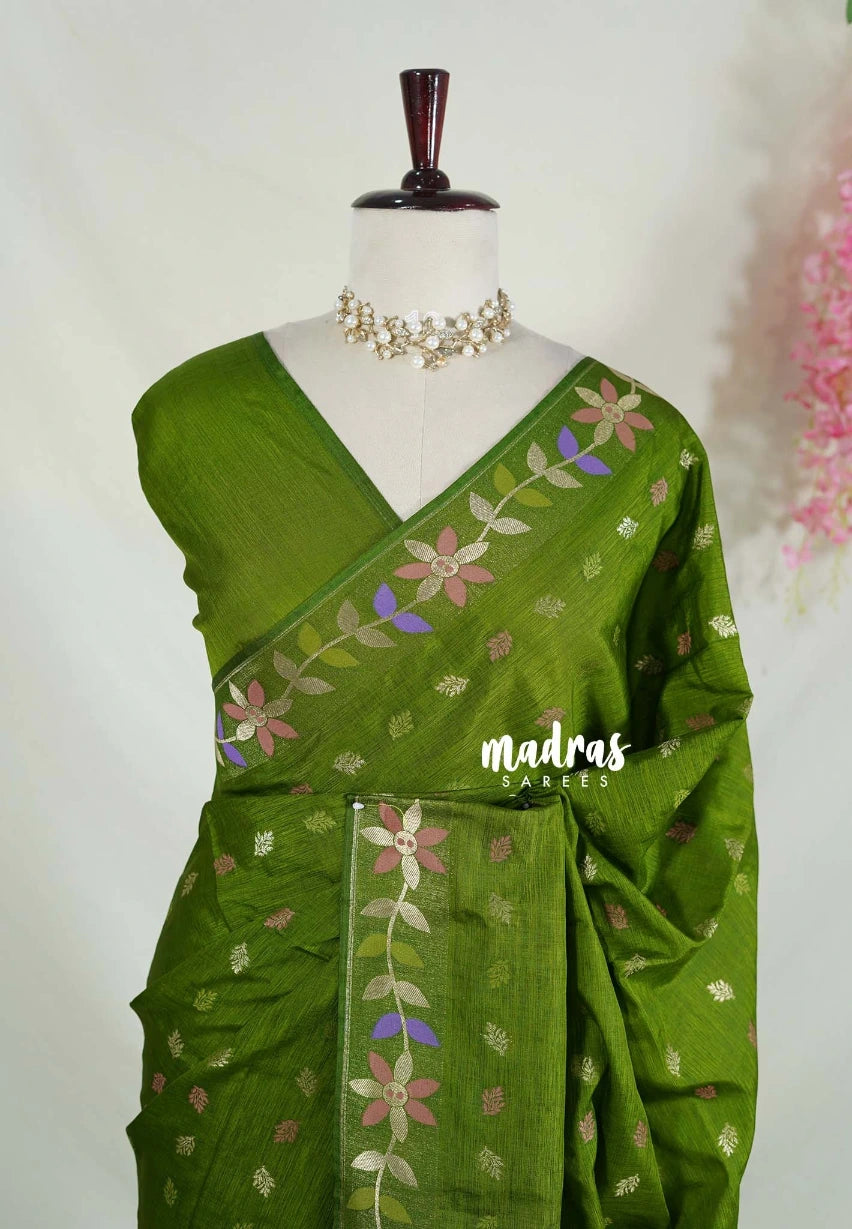 Mehndi Green - Vadhanam - Jute Tussar Silk Saree Colorful Flower Weaving Border with Leaf Buttas - Perfect for Diwali Festive