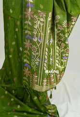 Mehndi Green - Vadhanam - Jute Tussar Silk Saree Colorful Flower Weaving Border with Leaf Buttas - Perfect for Diwali Festive