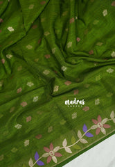 Mehndi Green - Vadhanam - Jute Tussar Silk Saree Colorful Flower Weaving Border with Leaf Buttas - Perfect for Diwali Festive