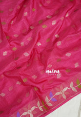 Raspberry Pink - Vadhanam - Jute Tussar Silk Saree Colorful Flower Weaving Border with Leaf Buttas - Perfect for Diwali Festive