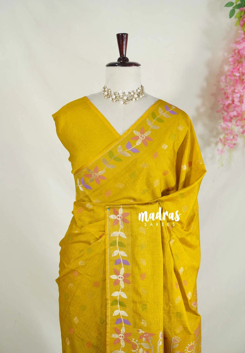 Greenish Yellow - Vadhanam - Jute Tussar Silk Saree Colorful Flower Weaving Border with Leaf Buttas - Perfect for Diwali Festive