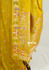 Greenish Yellow - Vadhanam - Jute Tussar Silk Saree Colorful Flower Weaving Border with Leaf Buttas - Perfect for Diwali Festive