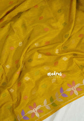 Greenish Yellow - Vadhanam - Jute Tussar Silk Saree Colorful Flower Weaving Border with Leaf Buttas - Perfect for Diwali Festive