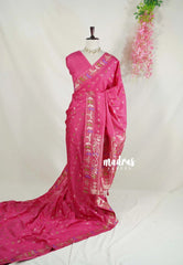 Raspberry Pink - Vadhanam - Jute Tussar Silk Saree Colorful Flower Weaving Border with Leaf Buttas - Perfect for Diwali Festive