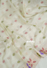 Creamy Ivory - Vadhanam - Jute Tussar Silk Saree Colorful Flower Weaving Border with Leaf Buttas - Perfect for Diwali Festive