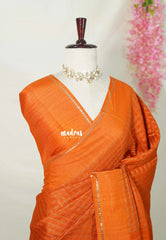 Tangerine Orange - Jute Tussar Silk Saree Kattam in Body with Plain Border - Best for Small Functions