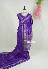 Rich Purple - Vadhanam - Jute Tussar Silk Saree Buttas and Stripes Weaving with Peacock Border - Perfect for Diwali Festive