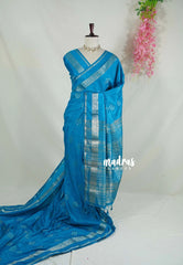 Anandha Blue - Vadhanam - Jute Tussar Silk Saree Buttas and Stripes Weaving with Peacock Border - Perfect for Diwali Festive