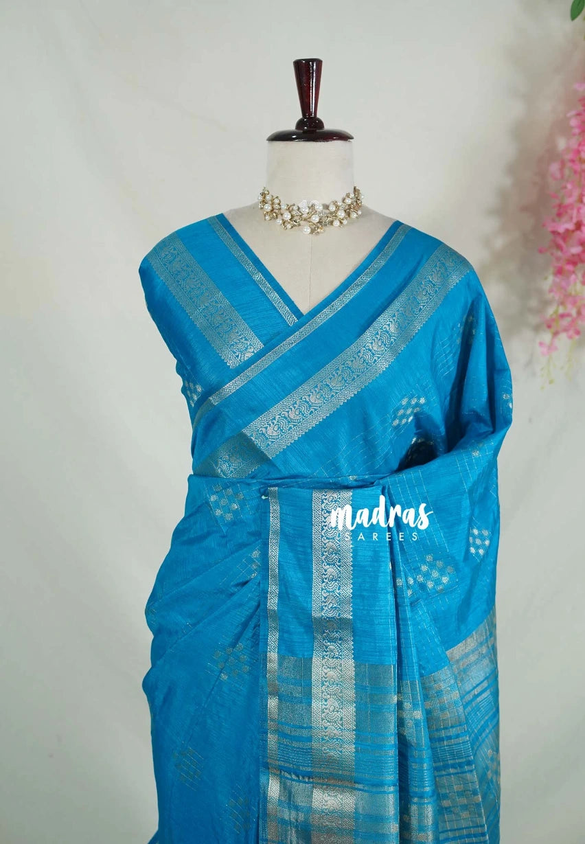 Anandha Blue - Vadhanam - Jute Tussar Silk Saree Buttas and Stripes Weaving with Peacock Border - Perfect for Diwali Festive