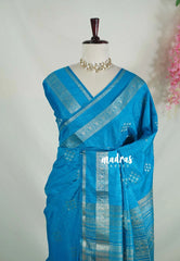 Anandha Blue - Vadhanam - Jute Tussar Silk Saree Buttas and Stripes Weaving with Peacock Border - Perfect for Diwali Festive