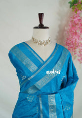 Anandha Blue - Vadhanam - Jute Tussar Silk Saree Buttas and Stripes Weaving with Peacock Border - Perfect for Diwali Festive