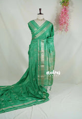 Sea Green - Vadhanam - Jute Tussar Silk Saree Buttas and Stripes Weaving with Peacock Border - Perfect for Diwali Festive