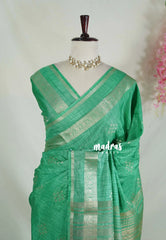 Sea Green - Vadhanam - Jute Tussar Silk Saree Buttas and Stripes Weaving with Peacock Border - Perfect for Diwali Festive