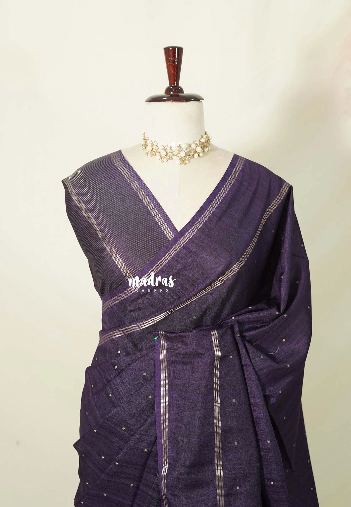 Midnight Jamun Purple - Jute Tussar Silk Saree Rettapet Border with Buttas - Best for Small Functions