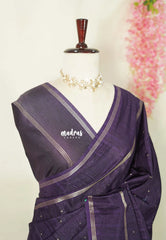 Midnight Jamun Purple - Jute Tussar Silk Saree Rettapet Border with Buttas - Best for Small Functions