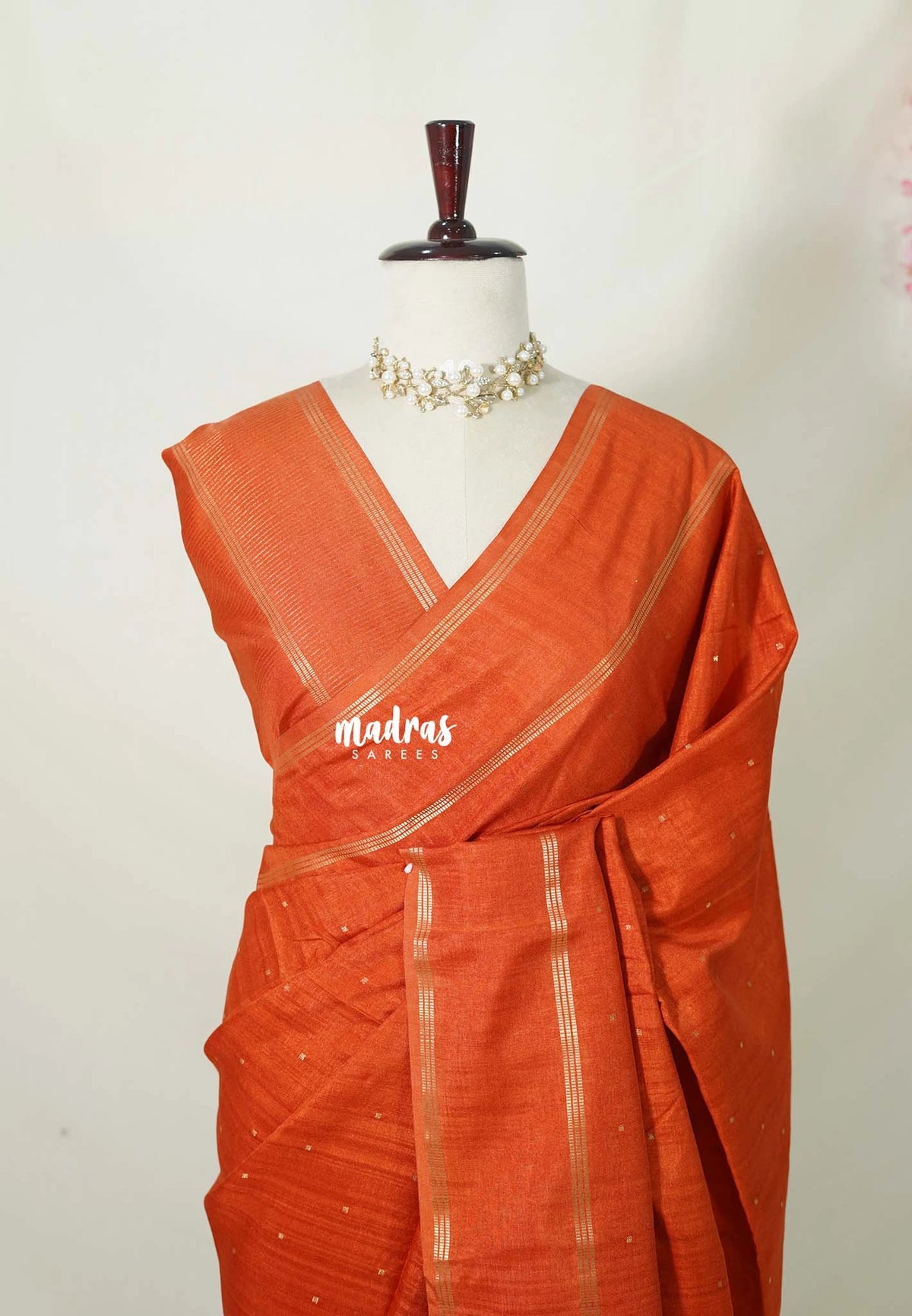 Tangerine Orange - Jute Tussar Silk Saree Rettapet Border with Buttas - Best for Small Functions