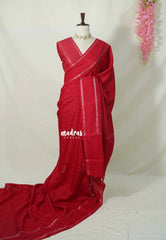 Crimson Red - Jute Tussar Silk Saree Rettapet Border with Buttas - Best for Small Functions