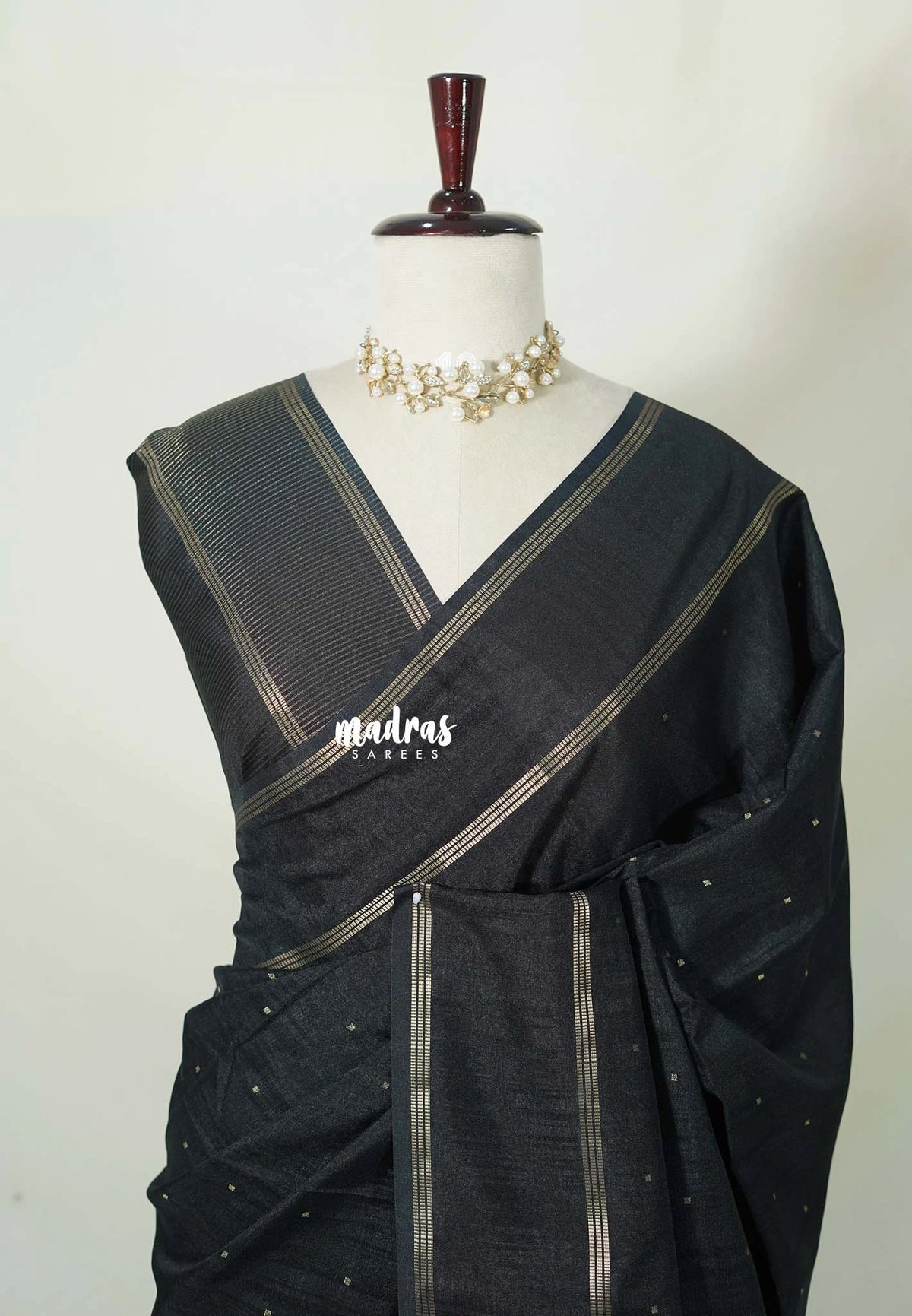Ebony Black - Jute Tussar Silk Saree Rettapet Border with Buttas - Best for Small Functions