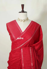Crimson Red - Jute Tussar Silk Saree Rettapet Border with Buttas - Best for Small Functions