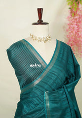 Teal Green - Jute Tussar Silk Saree with Stripes Texture and Small Border - Best for Small Functions
