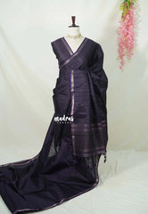 Midnight Purple - Jute Tussar Silk Saree with Stripes Texture and Small Border - Best for Small Functions