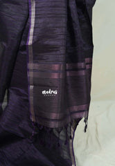 Midnight Purple - Jute Tussar Silk Saree with Stripes Texture and Small Border - Best for Small Functions