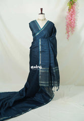 Midnight Teal Blue - Jute Tussar Silk Saree with Stripes Texture and Small Border - Best for Small Functions