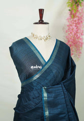 Midnight Teal Blue - Jute Tussar Silk Saree with Stripes Texture and Small Border - Best for Small Functions