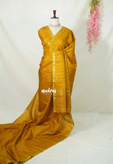 Mustard Yellow - Jute Tussar Silk Saree with Stripes Texture and Small Border - Best for Small Functions