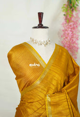Mustard Yellow - Jute Tussar Silk Saree with Stripes Texture and Small Border - Best for Small Functions