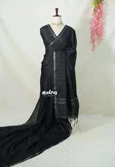 Nightfall Black - Jute Tussar Silk Saree with Stripes Texture and Small Border - Best for Small Functions